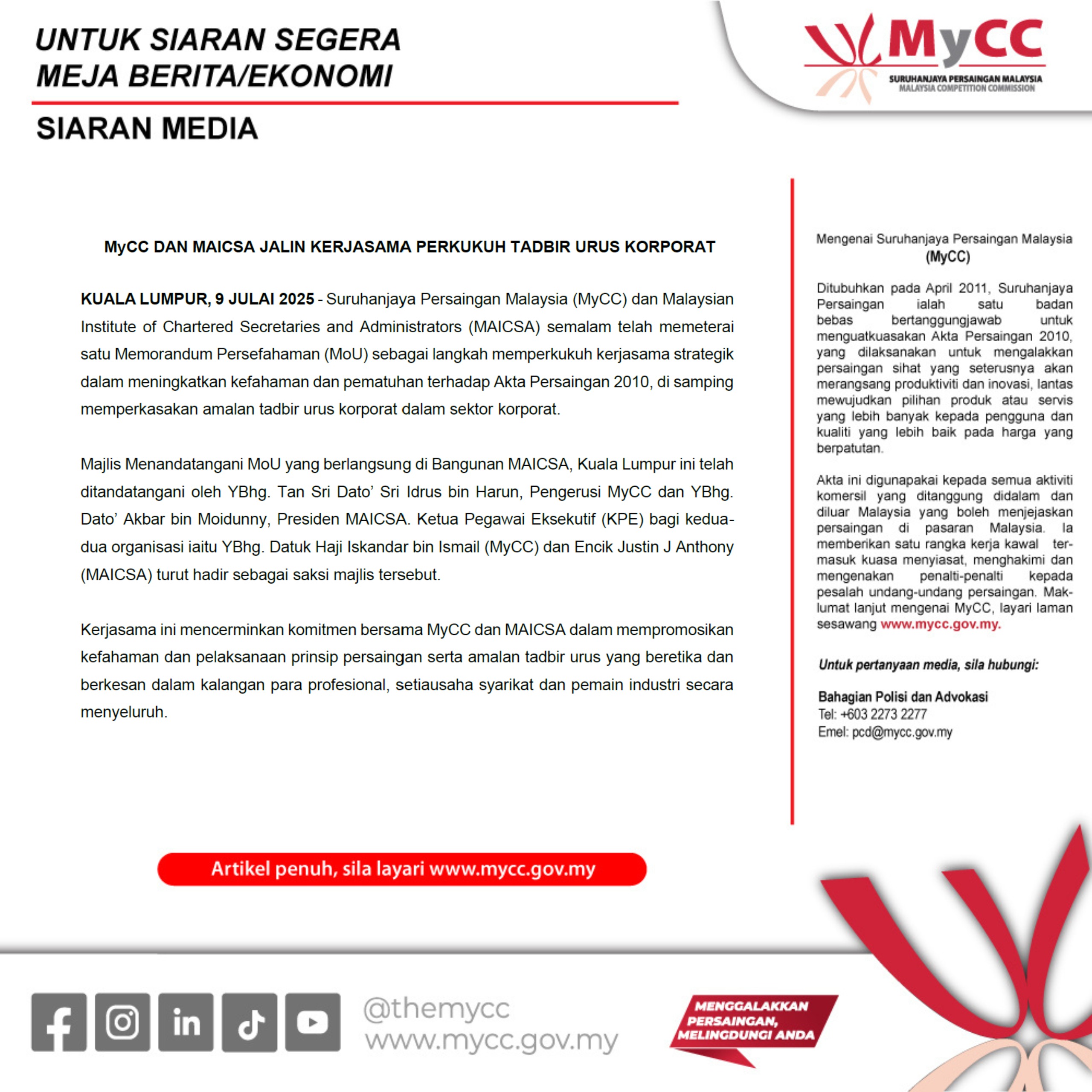 MyCC dan MAICSA Jalin Kerjasama